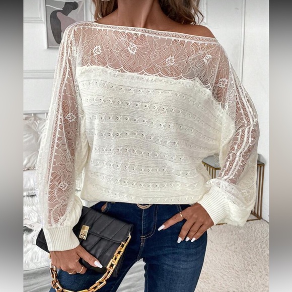 Elegant Plus Size Sheer Mesh Floral Lace Knit Sweater Top - Picture 1 of 7
